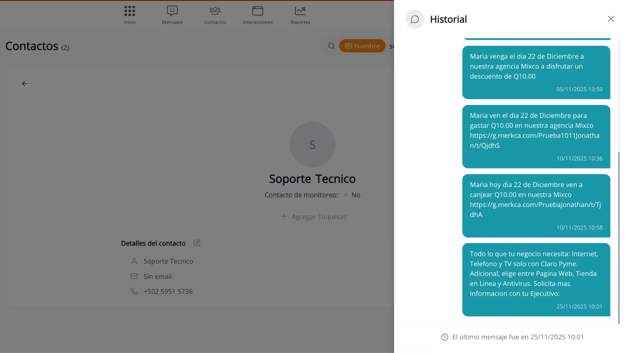 Historial de mensajes